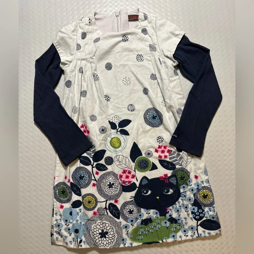 Catimini French style long‎ sleeve whimsical floral dress black cat child size 6